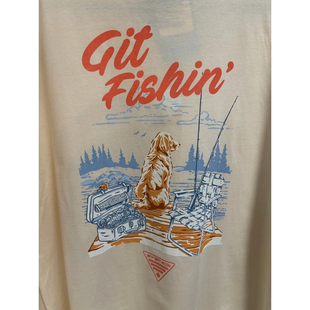 Columbia PFG Mens Large Beige Git Fishin Dog Graphic Long Sleeve T-Shirt‎ NWT